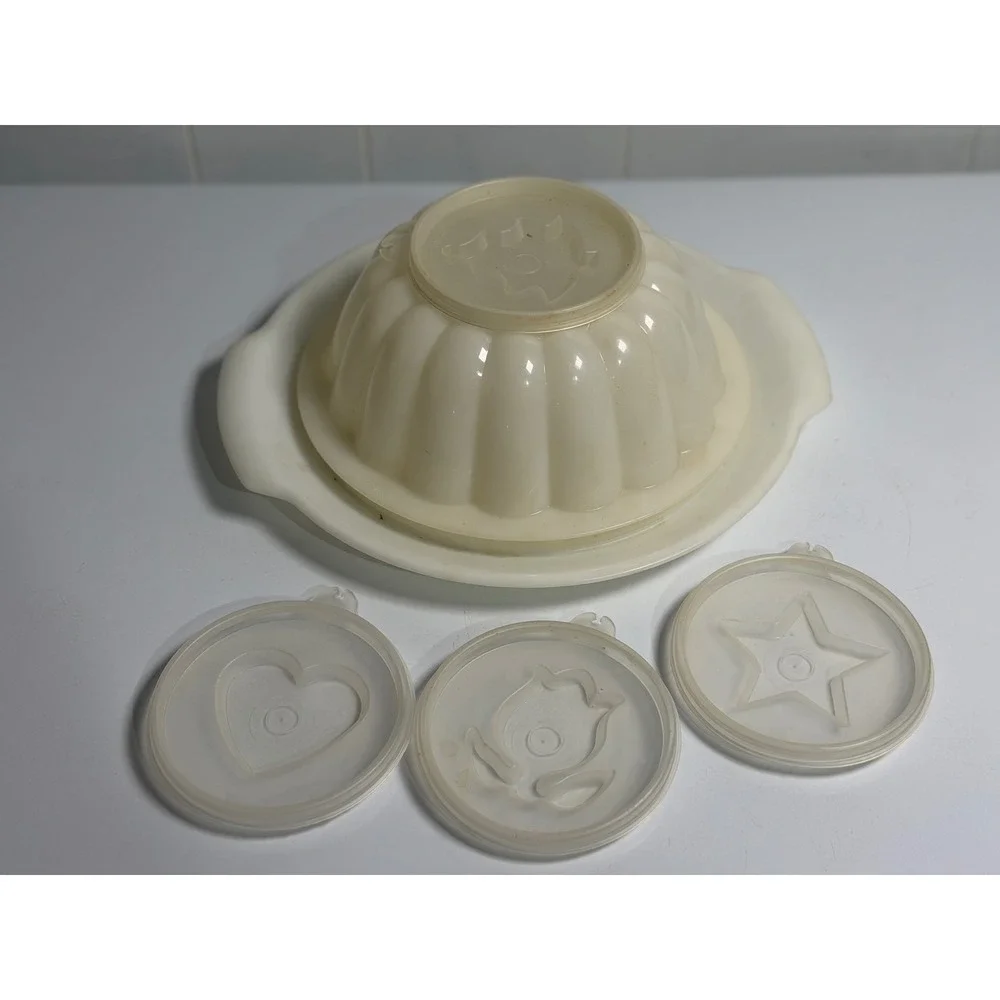 VTG Tupperware Jel-N-Serve Jello Mold White 612 Tray 611 4 Decorative Seals
